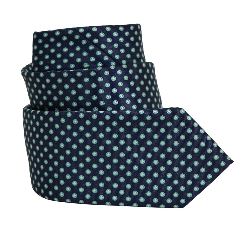 CHAPS Men's 100% Polyester Skinny Necktie Designer Navy Blue Aqua Polka Dot EUC